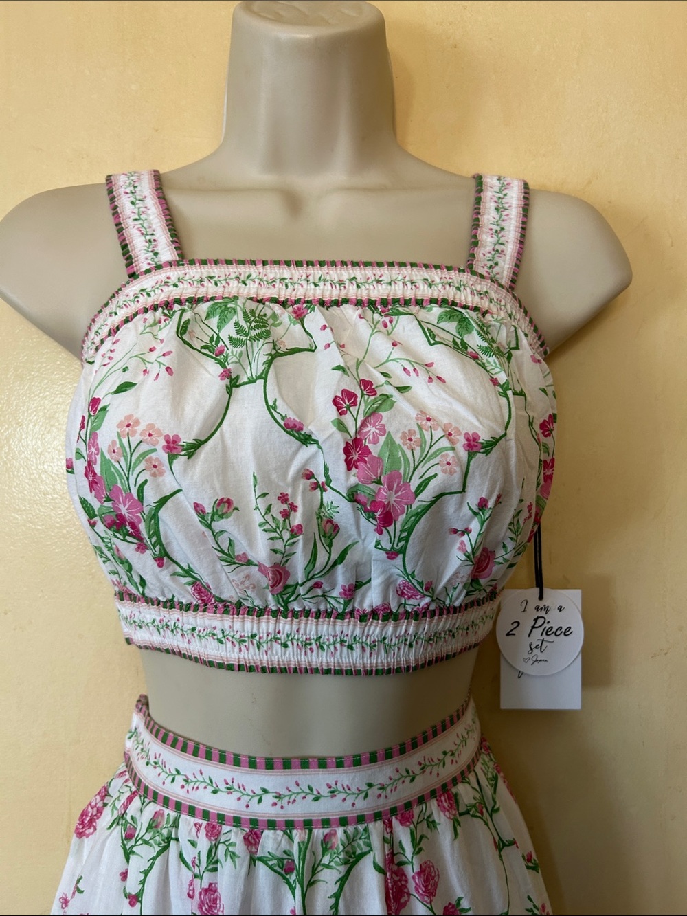 Japna White Floral Crop Top and Maxi Skirt Set with Pink and Green Print - Picture 2 of 12
